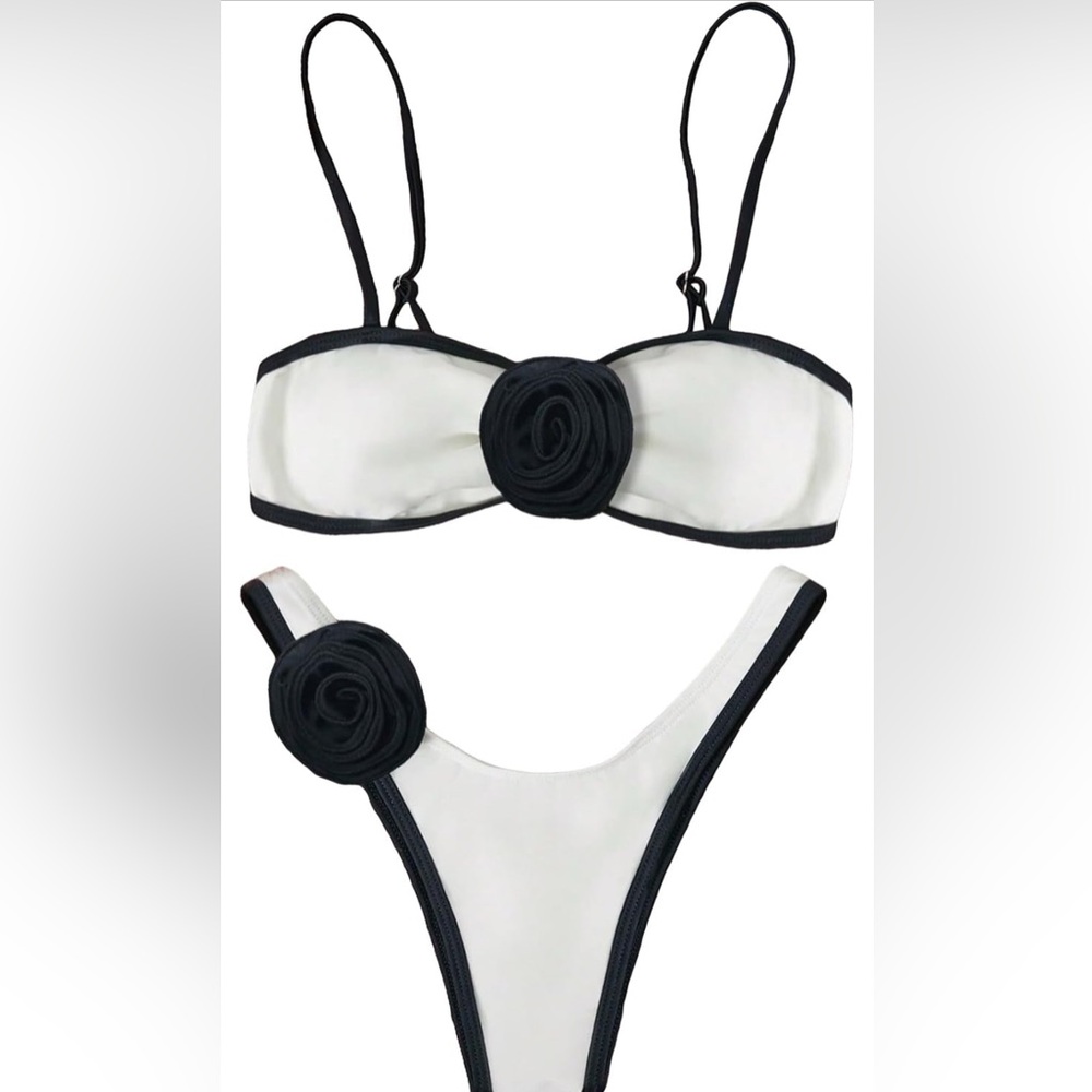 Cream Black Trim Small Rose Bikini Set Two Piece Swimsuit Women Beach Pool Wear